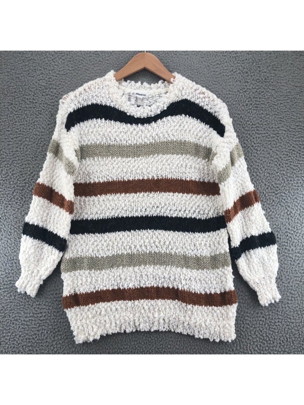 Macaron Sweater Women Small White Multi Striped Boucle Knit Long Balloon Sleeves